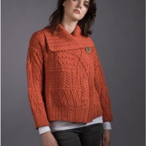 ARAN WOOLEN MILLS Merino Wool One Button Cardigan Sweater Orange L